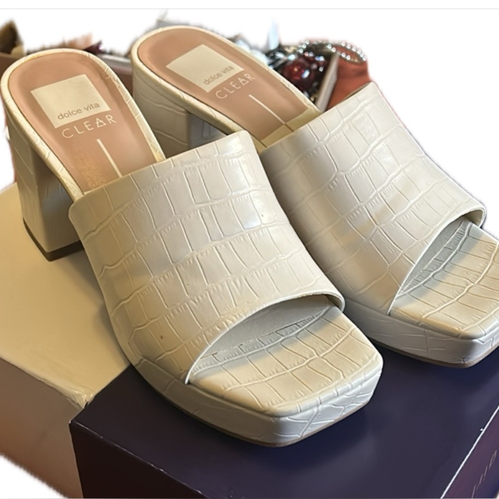 Dolce Vita Ivory Croc-Embossed Block Heels
